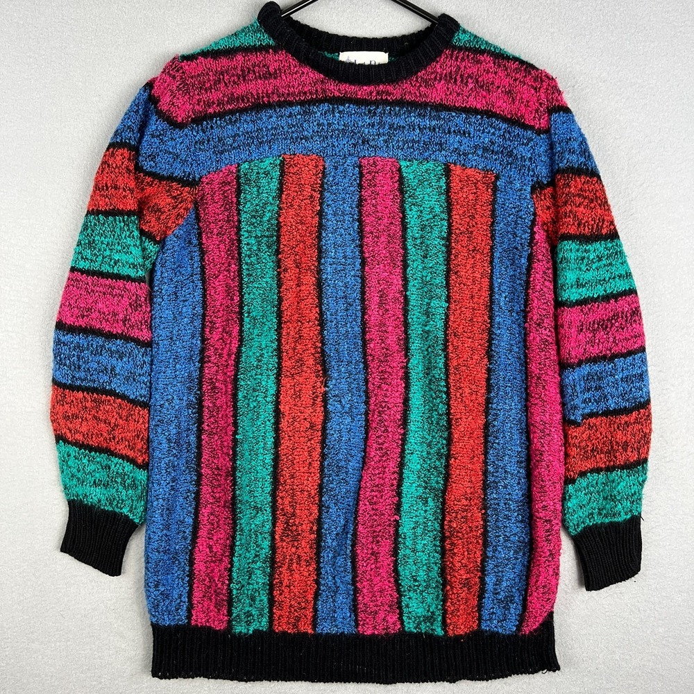VTG Lady Roi‎ Knit Sweater Womans M Acrylic Colorful Stripe Retro Crewneck 1980s